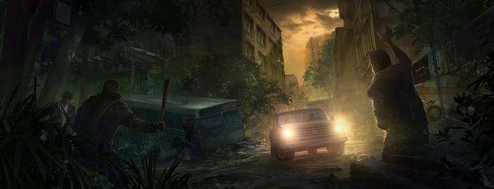 Survivors in a post-apocalyptic city with a truck