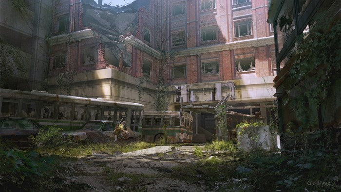 The Last of Us concept art of abandoned city with buses