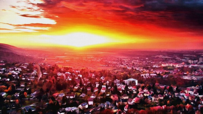 Sunset over a suburban cityscape