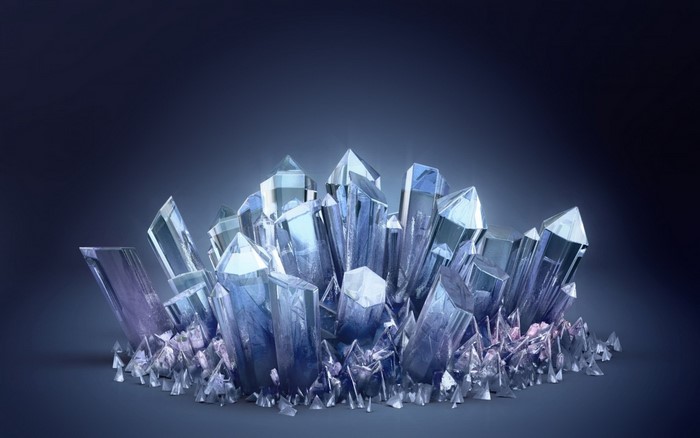 Cluster of blue and purple crystals with light effects