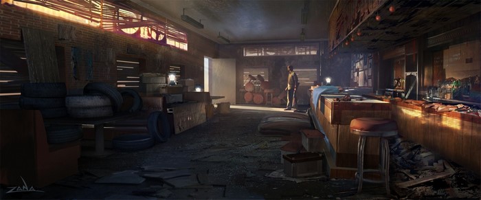 Post-apocalyptic diner interior with a man standing