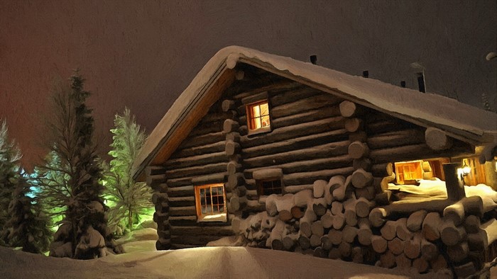 Log cabin in the snow at night