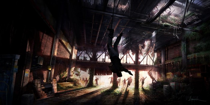 Concept art of a person hanging from a rope in The Last of Us