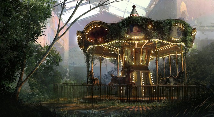 Abandoned carousel in overgrown ruins, concept art