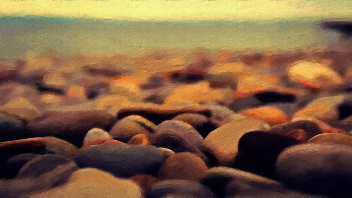 Close-up of textured stones on a beach with a blurred sea background