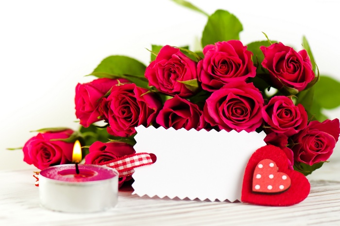 Red Roses with Candle and Valentine's Day Card