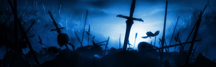 Battlefield with swords and a bird at sunset