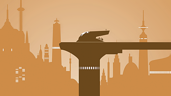 Boba Fett's Slave I ship over a futuristic city