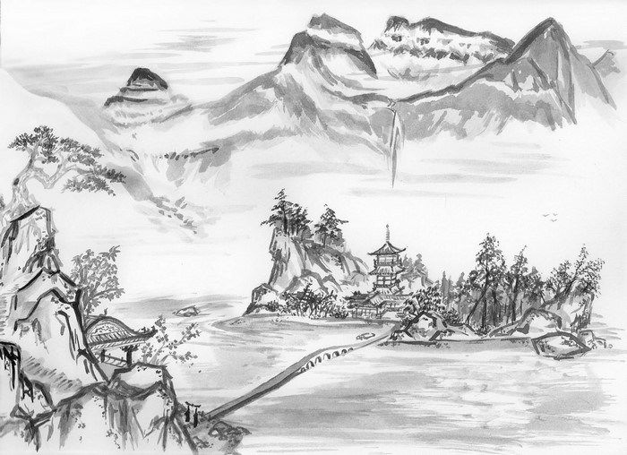Ink wash painting of a Japanese landscape with mountains and a pagoda