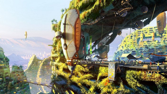 Futuristic city built on mountains with airships
