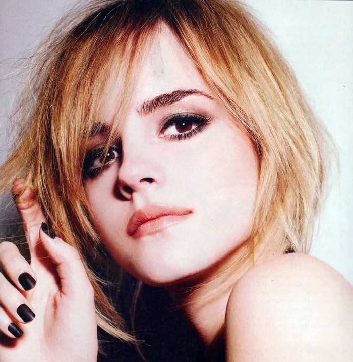 Emma Watson portrait with blonde hair and dark nails