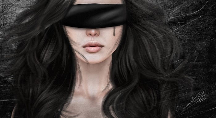 Artwork of a blindfolded woman with black hair