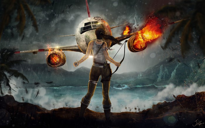 Lara Croft from Tomb Raider with a crashed plane