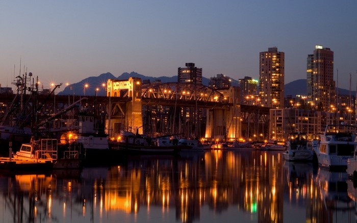 Cityscape with bridge and harbor at dusk