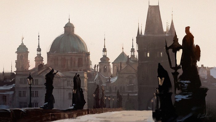 Charles Bridge statues and Prague Old Town skyline