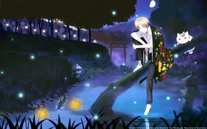 Natsume from Natsume Yuujinchou sitting on a branch with a cat