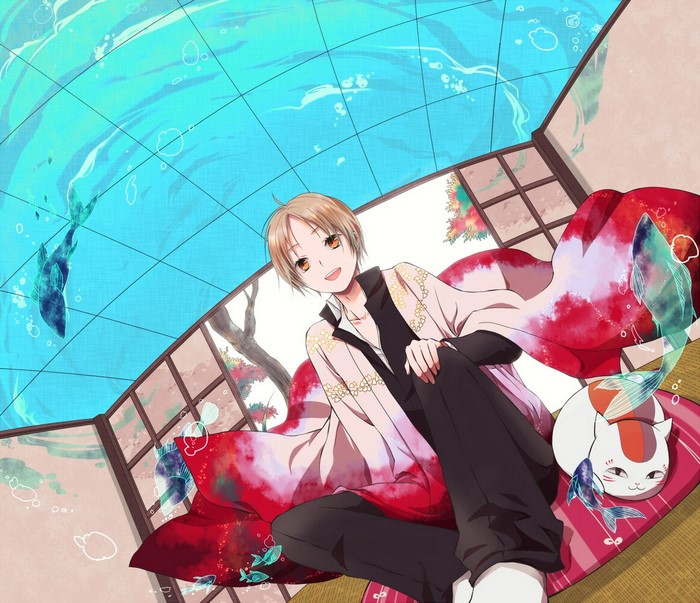 Natsume from Natsume Yuujinchou with a cat