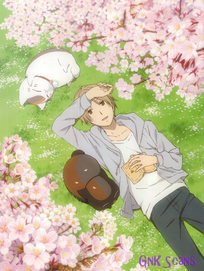 Natsume from Natsume Yuujinchou with Nyanko-sensei under cherry blossoms