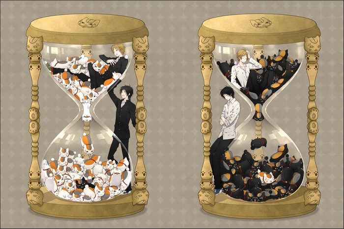 Two hourglasses filled with cats and two boys