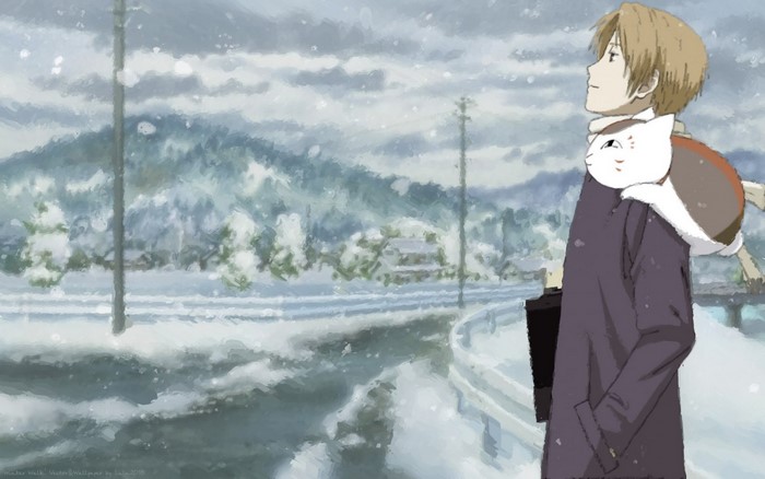 Takashi Natsume and Nyanko-sensei from Natsume Yuujinchou in winter