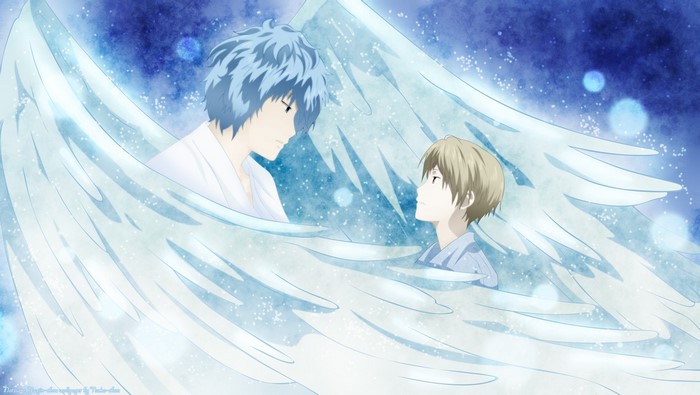 Two boys with angel wings in blue background