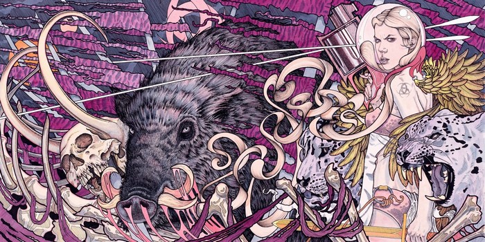 Illustration of a woman in a spacesuit with a boar and tigers