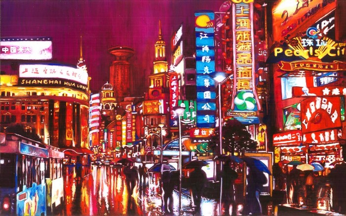 Nighttime Shanghai street scene with neon signs and rain