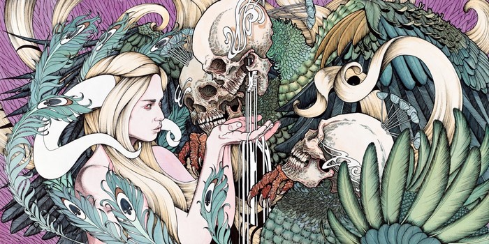 Illustration of a woman and skulls with feathers