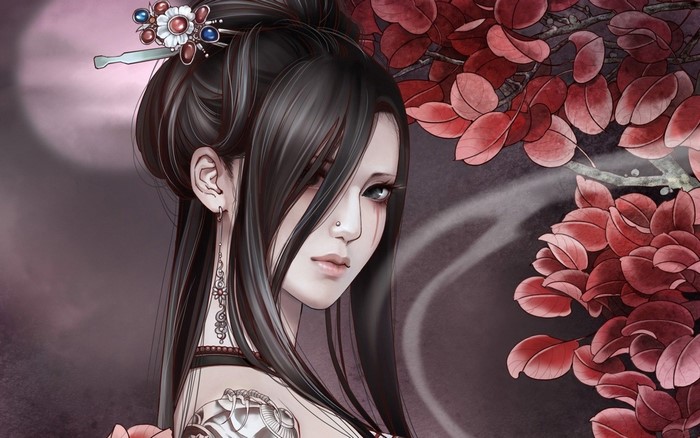 Illustration of a woman with black hair and red leaves
