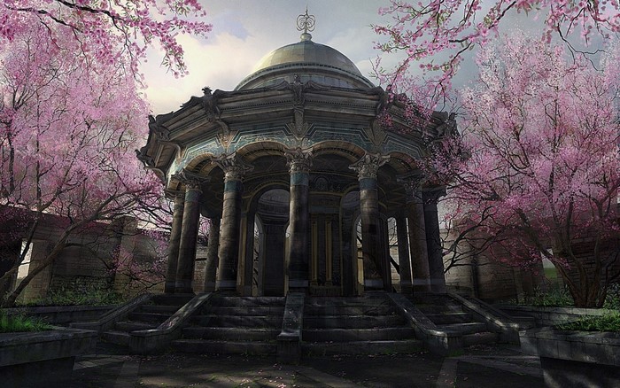 Ancient temple surrounded by blooming cherry blossom trees