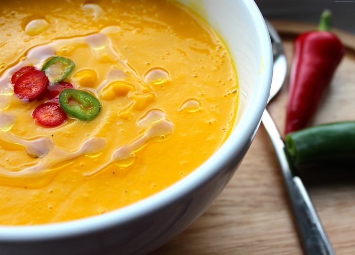 Creamy pumpkin soup with chili peppers