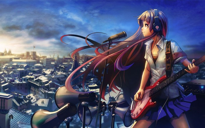Anime girl with headphones playing bass guitar on rooftop