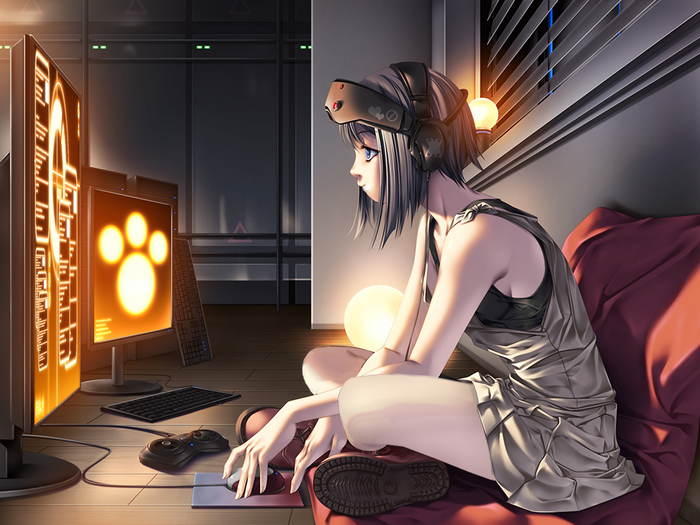 Anime girl playing video games with VR headset