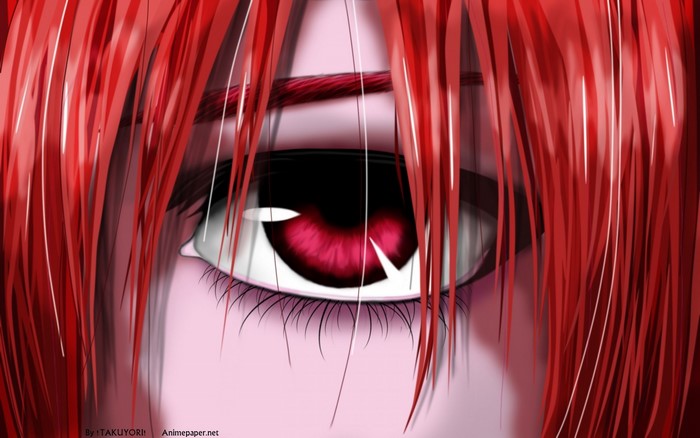 Close up of an anime eye with red hair
