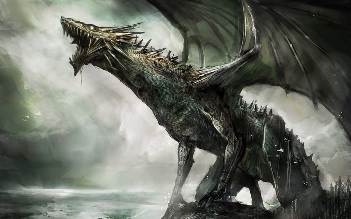A fearsome dragon roaring in a cloudy landscape