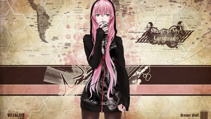 Megurine Luka from Vocaloid singing with a microphone in front of a world map