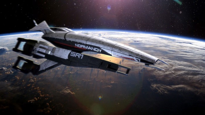 Normandy SR-1 spaceship orbiting Earth