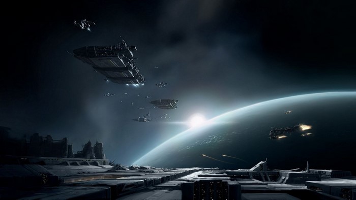 Spaceships in orbit above a planet and space station