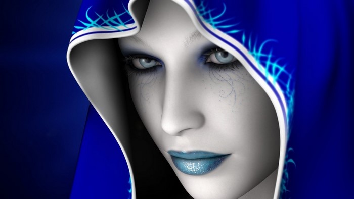 Close-up of a woman with blue eyes and lips wearing a blue hood