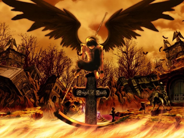 Angel of Death with scythe in a ruined landscape