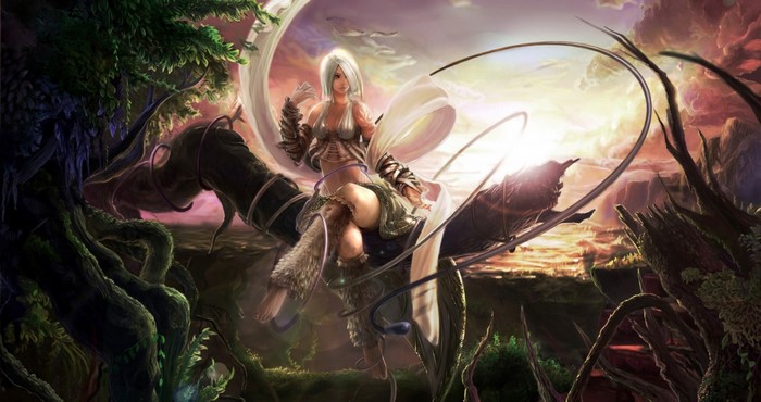 Woman with white hair on a creature in a fantasy jungle