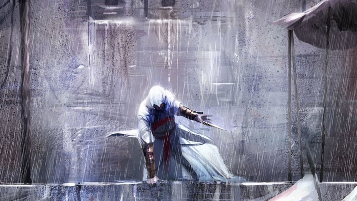 Ezio Auditore from Assassin's Creed in the rain