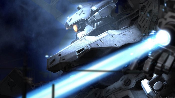 Armored Core vehicle firing a blue energy beam