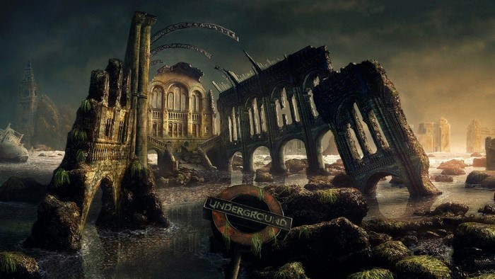 Ruined Gothic architecture in a flooded city at dusk