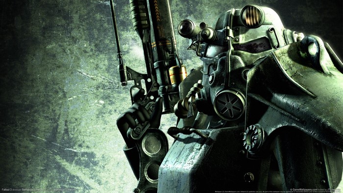 Soldier in Power Armor holding a weapon from Fallout