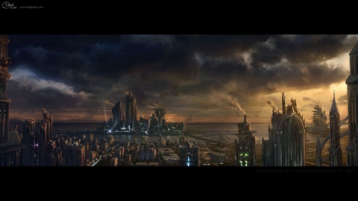 Gothic cityscape at dusk with dark clouds