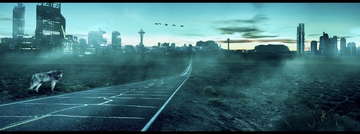 Wolf on road in front of foggy futuristic cityscape