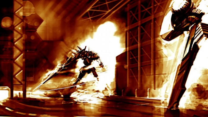 Mech fighting in a fiery industrial setting