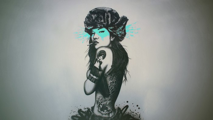 Woman with fur hat and tattoos smoking a cigarette