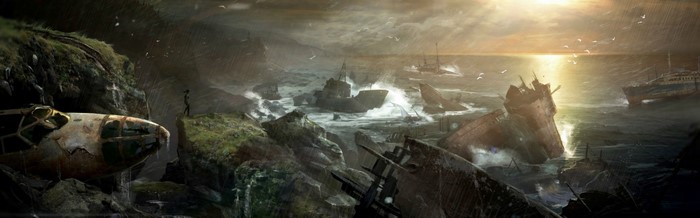 Shipwrecks on a rocky coast during a storm